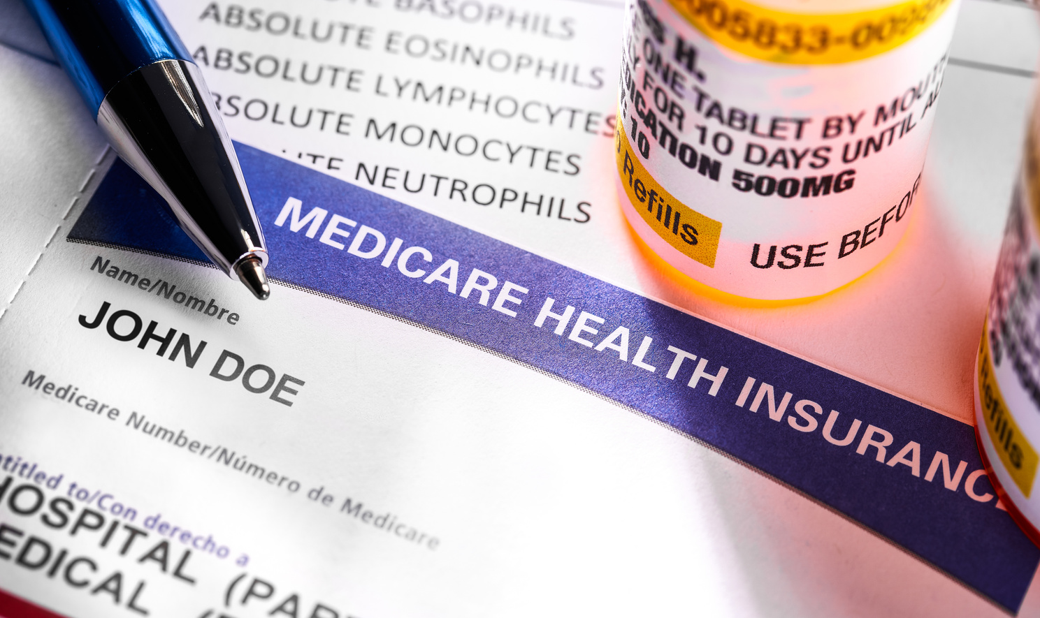 Medicare Health Insurance Card with medicine bottles